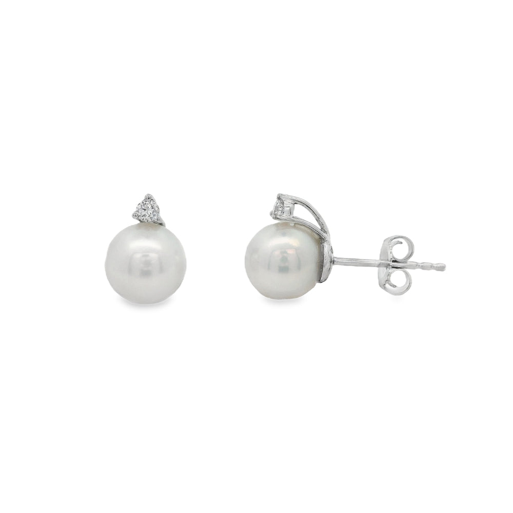 14K White Gold Fresh Water Pearl And Diamond Stud Earrings