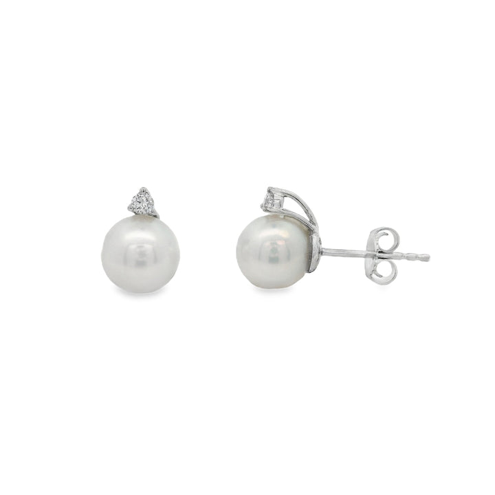 14K White Gold Fresh Water Pearl And Diamond Stud Earrings