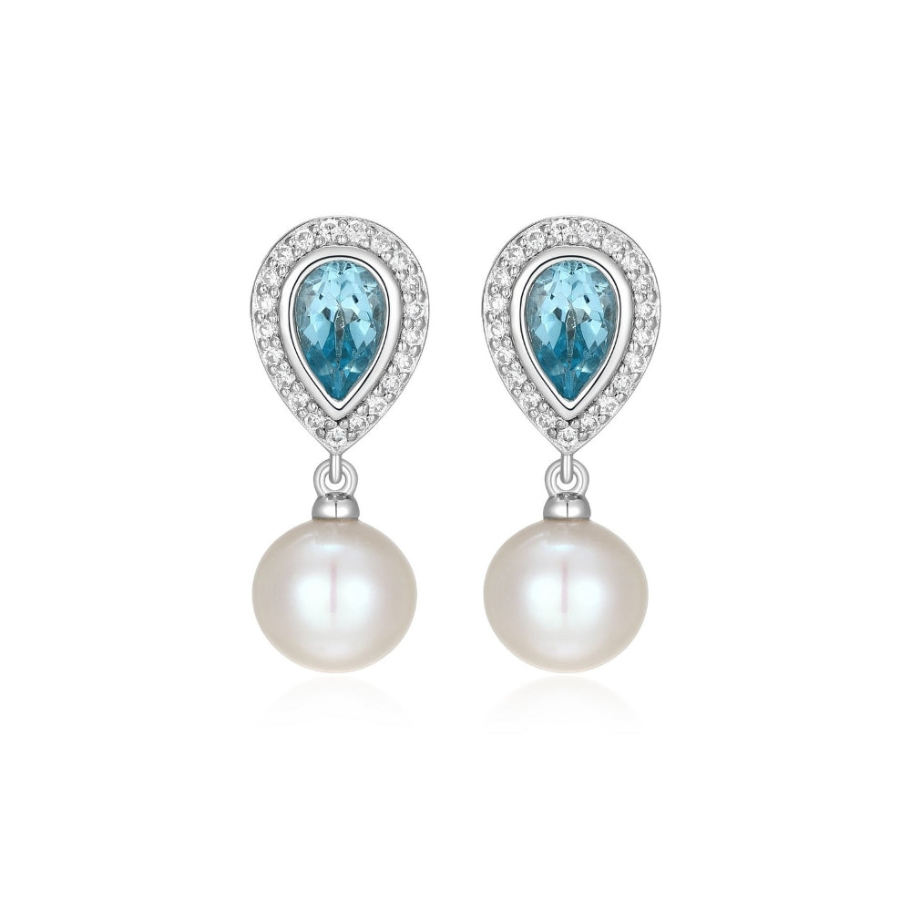 ELLE Rhodium Plated Sterling Silver Earrings With Geniune Blue Topaz And Cubic Zirconia With Pearl Drop