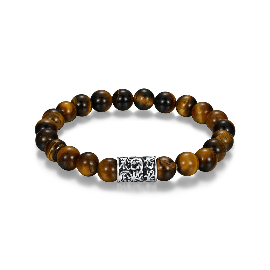 Ethos Silver Black Oil Intaglio Clasp 9" Bracelet With Tiger Eye Beads