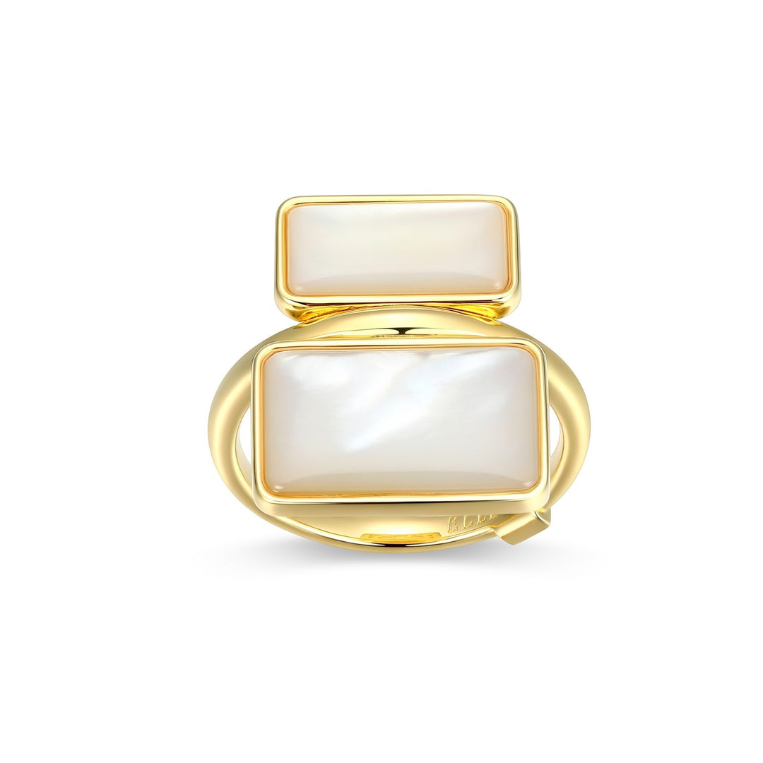 ELLE Sterling Silver Yellow Gold Plated Ring With Rectangular White Mother Of Pearl, Size 7