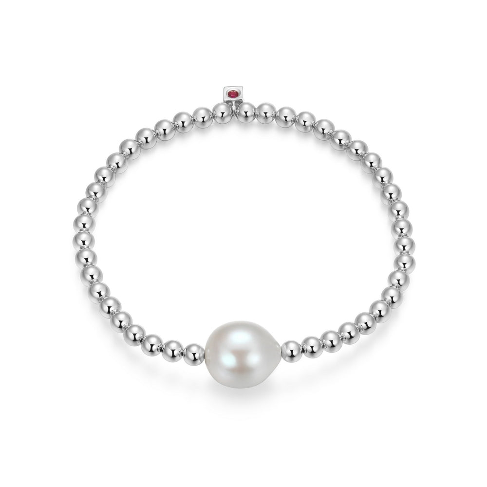ELLE Silver Bead Bracelet With Genuine White Pearl And Created Ruby