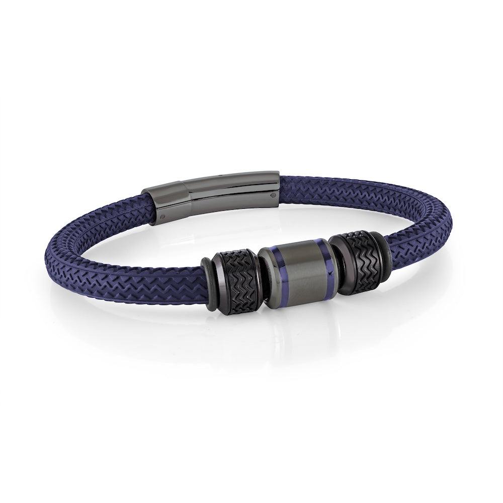 Gunmetal And Blue Stainless Steel Blue Tire Rubber Bracelet
