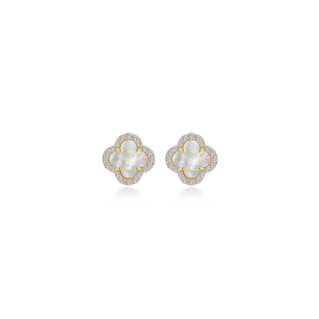 Sterling Silver Gold Plated White Mother Of Pearl And Clear Cubic Zirconia Stud Earrings