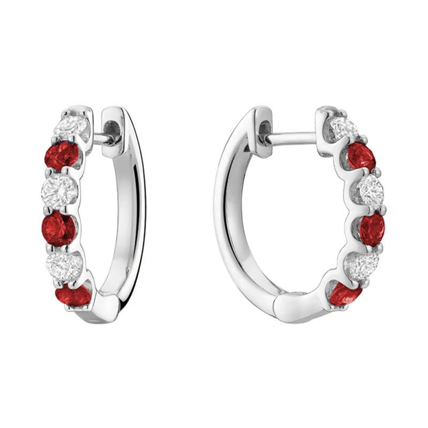 14K White Gold 2.5mm Round Rubies And 0.34 CTW Diamond Huggie Earrings