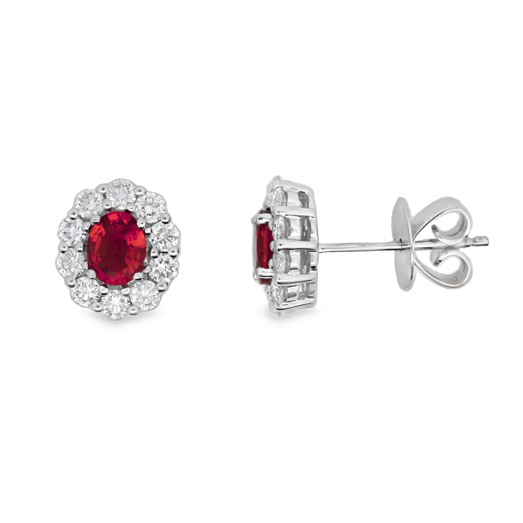 18K White Gold 0.69 CTW Oval Rubies And 0.67 CTW Diamond Stud Earrings