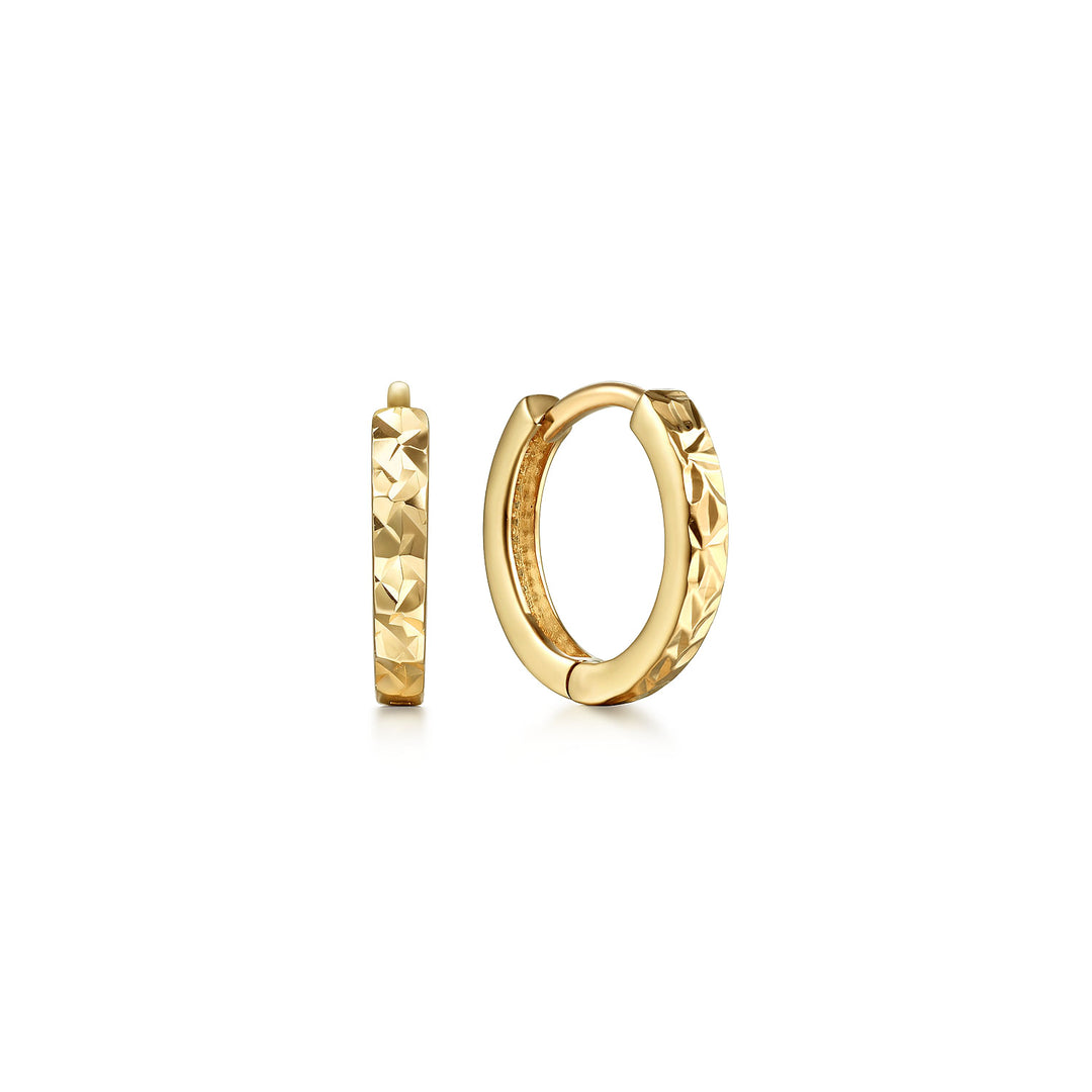 14K Yellow Gold Mini Round Huggie Earrings With Engraved Deatil