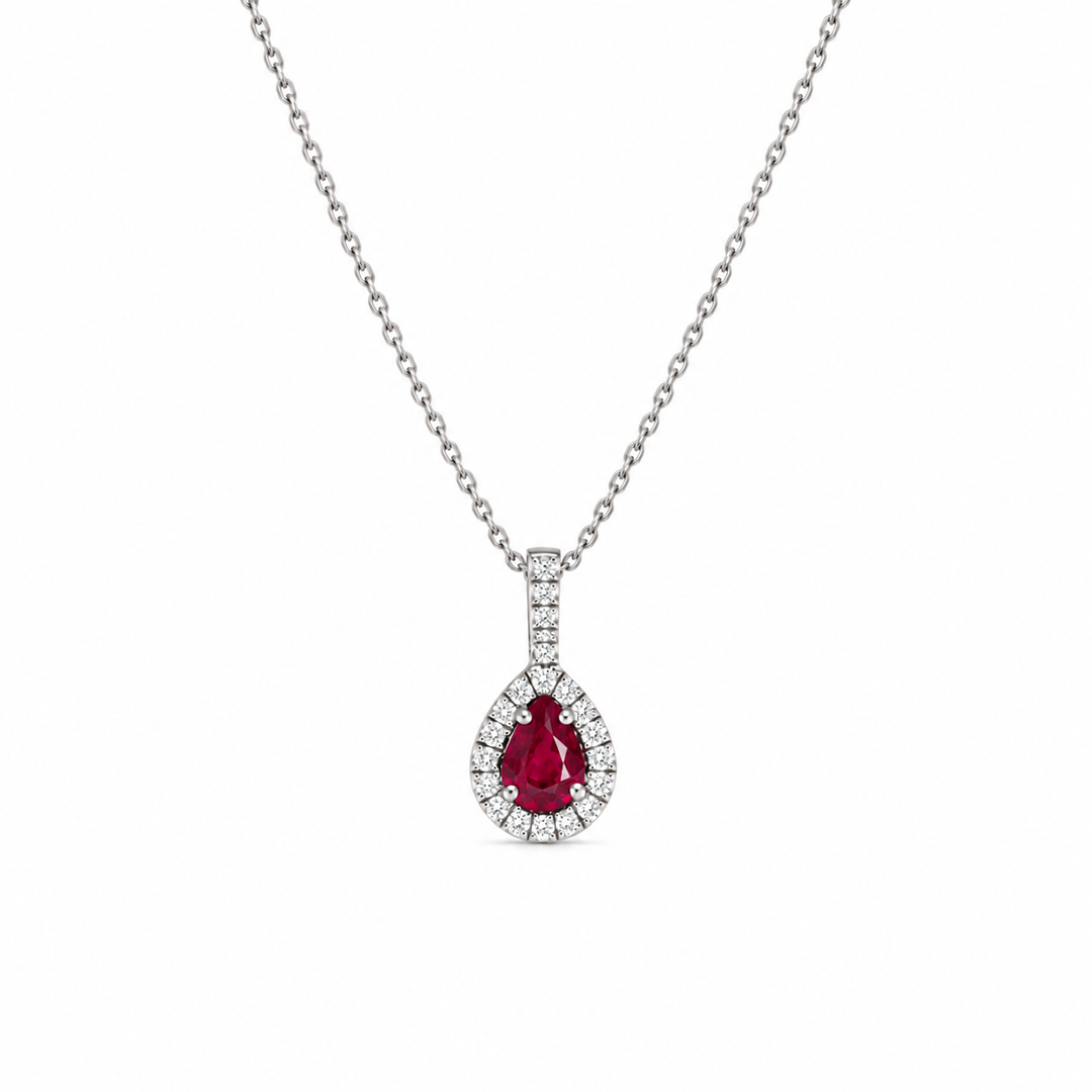 14K White Gold 0.40 CTW Pear Ruby And 0.10 CTW Diamond Teardrop Pendant
