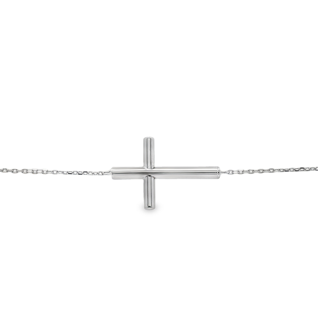 10K White Gold Cable Link 7.5" Bracelet With Sideways Cross