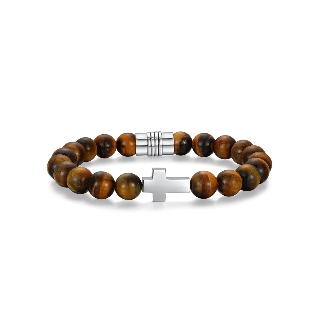 Ethos Silver Cross 8.75" Bracelet With Tiger Eye Beads