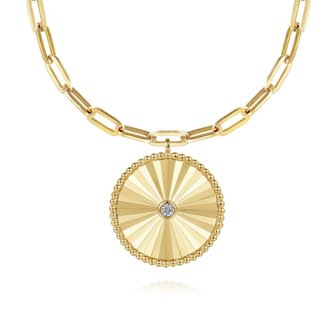14K Yellow Gold Medallion Pendant With A 0.05 CTW Diamond Complete With Chain