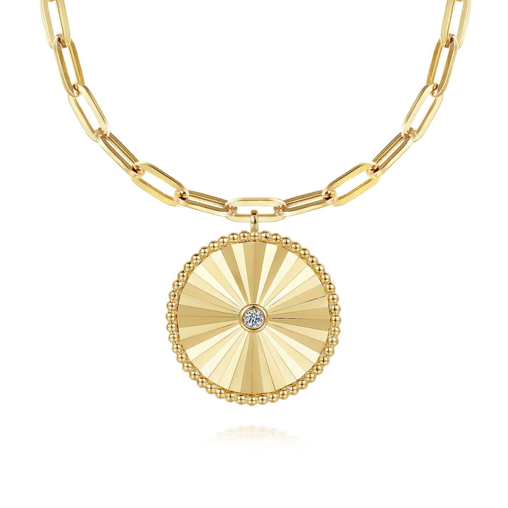 14K Yellow Gold Medallion Pendant With A 0.05 CTW Diamond Complete With Chain