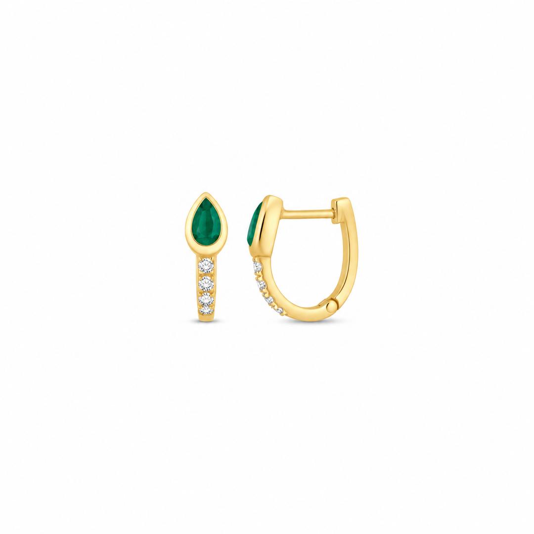 14K Yellow Gold Pear Emerald And Diamond Huggie Earrings