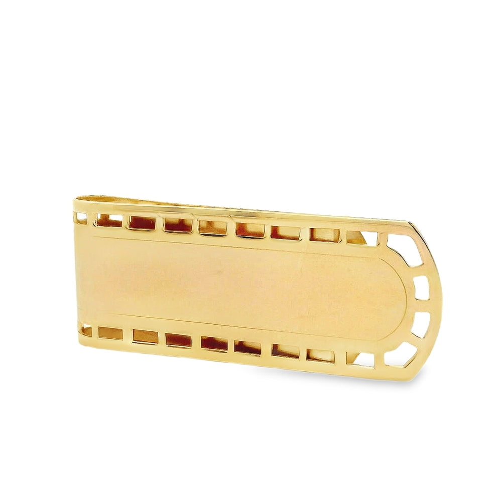Estate - 14 Karat Yellow Gold Polished Money Clip With Open Patterned Edges.