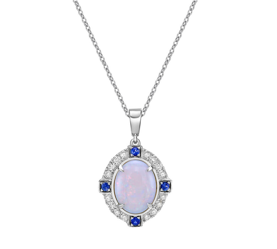 10K White Gold 9x7mm Oval Opal, Sapphire And 0.16 CTW Diamond Necklace