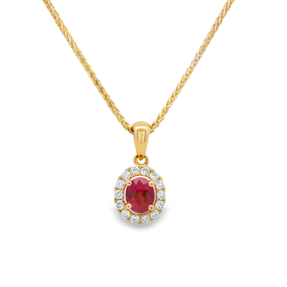 18K Yellow Gold 0.48 CTW Oval Ruby And 0.16 CTW Diamond Halo Pendant
