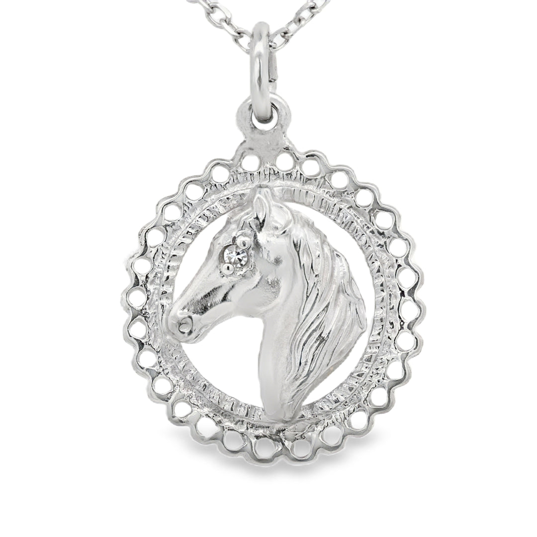 Estate - 10 Karat White Gold Horse Head Pendant With 1 Diamond.