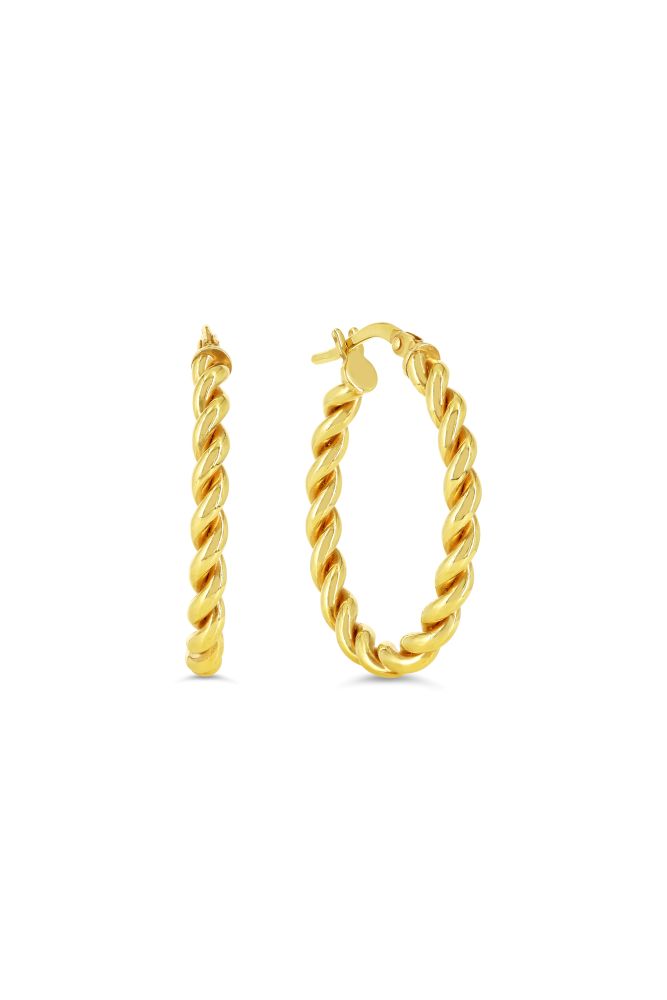 sempreORO Sterling Silver 14 Karat Gold Bonded Rope-Twisted Oval Hoop Earrings