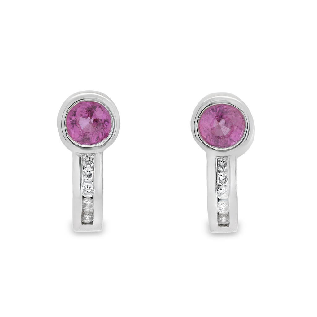 Estate - 14 Karat White Gold Drop Earrings Set With Pink Sapphire and Diamonds