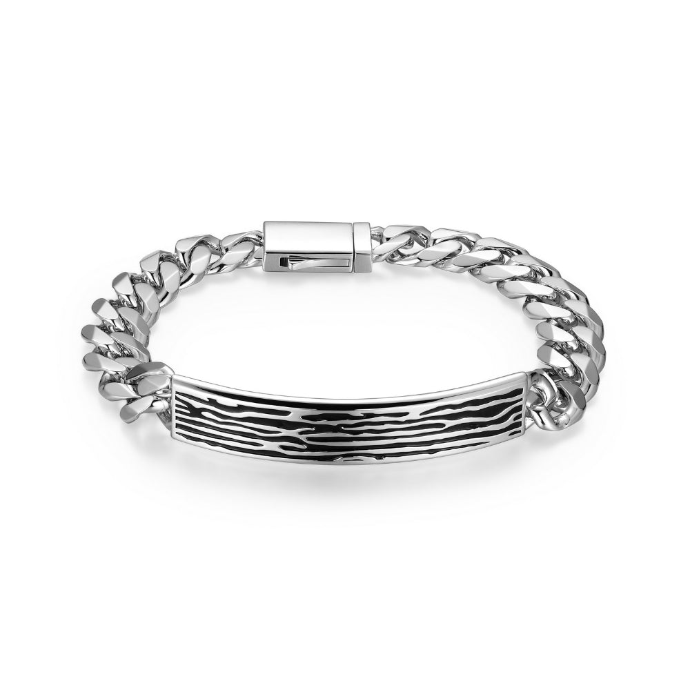 Ethos Silver Black Oil Wood Grain Texture Identity Bracelet