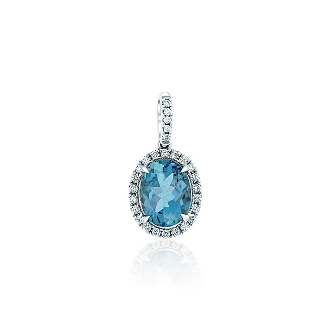 14K White Gold 1.82 CTW Oval Aquamarine And 0.16 Diamond Halo Pendant