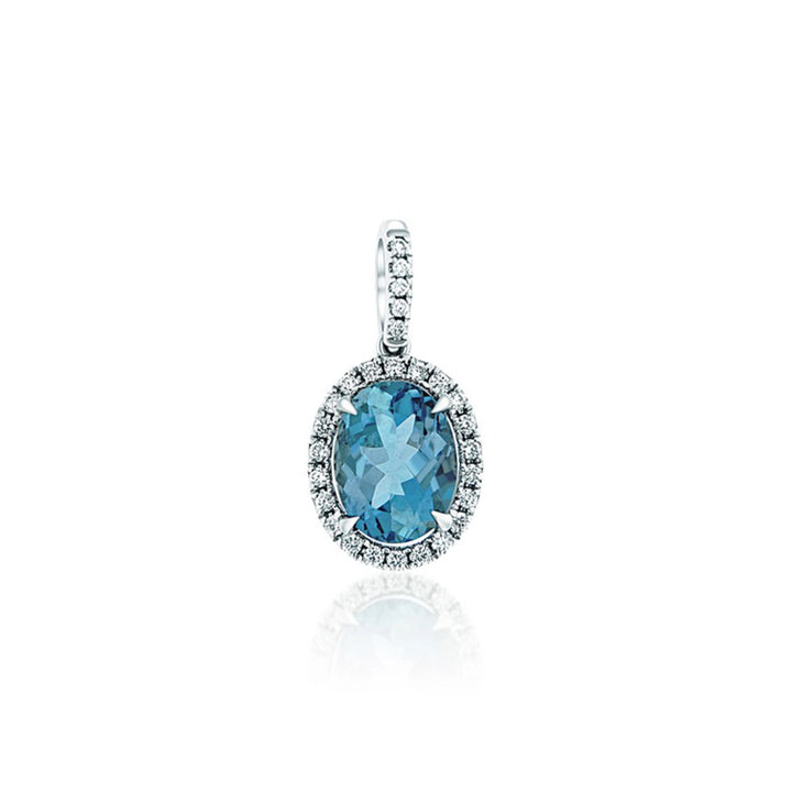 14K White Gold 1.82 CTW Oval Aquamarine And 0.16 Diamond Halo Pendant