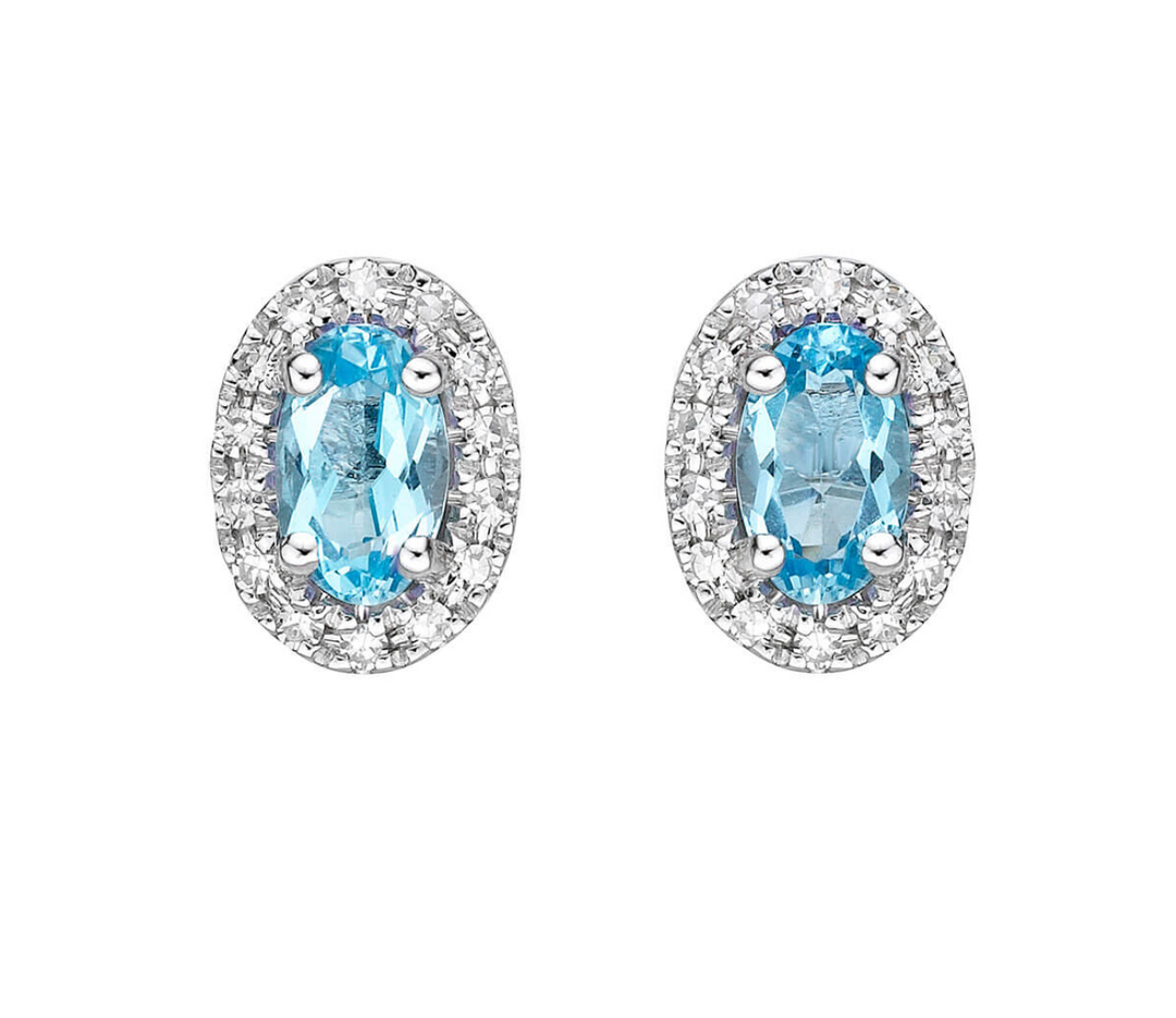 10K White Gold 5x3mm Oval Topaz And 0.11 CTW Diamond Stud Earrings