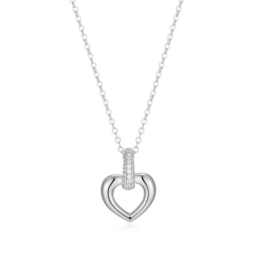 ELLE Rhodium Plated Sterling Silver Heart Necklace With Cubic Zirconia Pave Bail