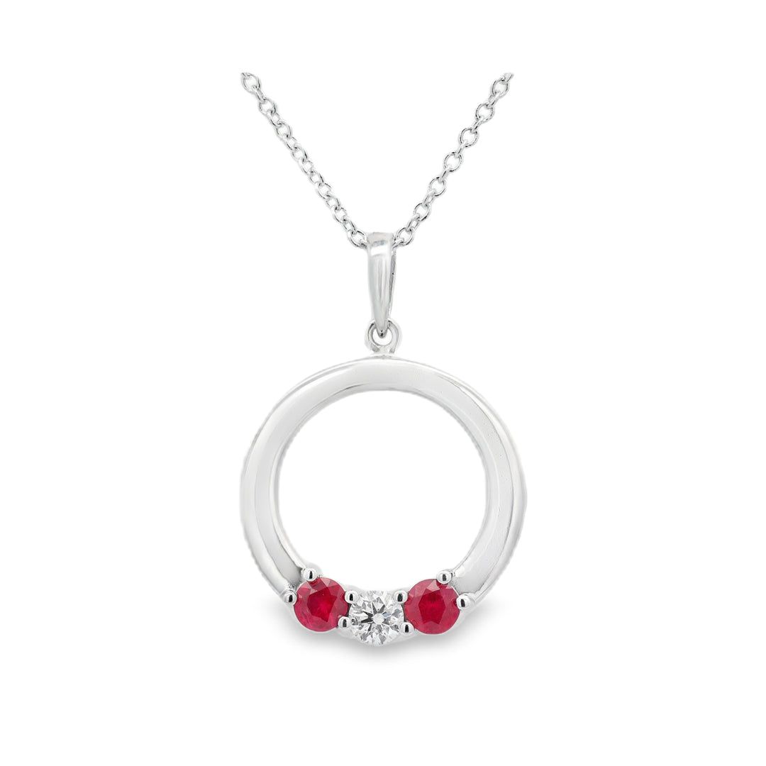 14K White Gold 0.26 CTW Round Rubies And 0.11 CTW Diamond Necklace