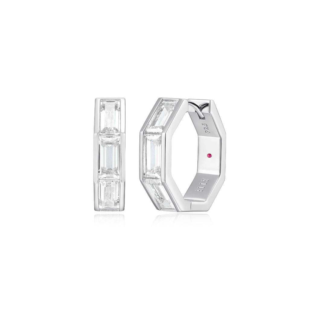 Elle Sterling Silver "Baguette" Small Octogone Hoop Earrings