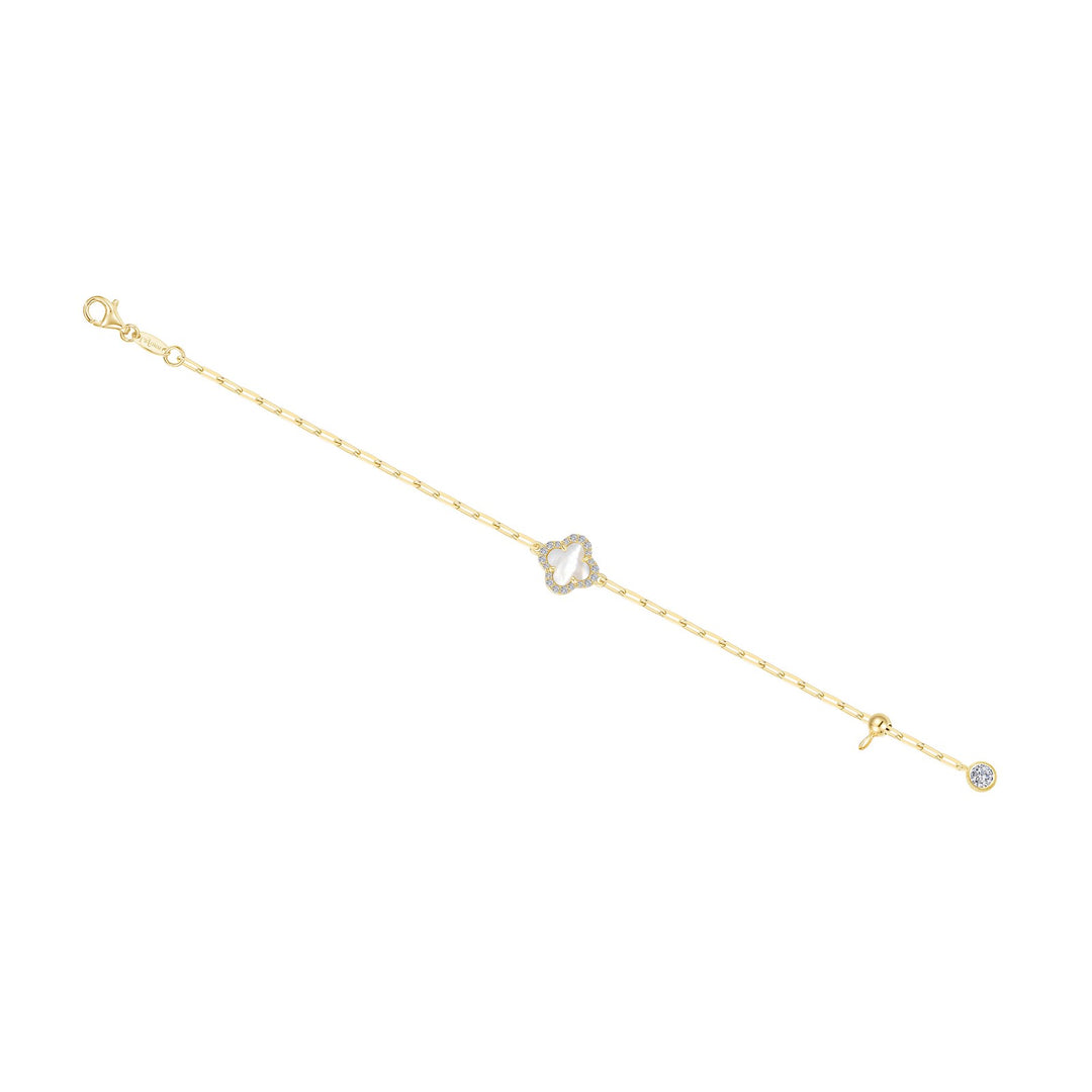 Lafonn Sterling Silver Gold Plated Open Link Bracelet With White Mother Of Pearl And Cubic Zirconia Clover Section