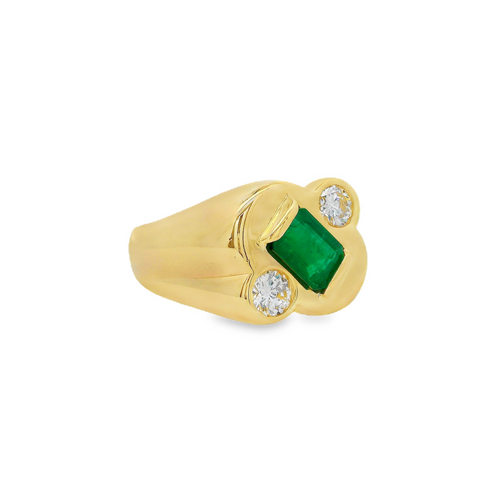 Estate - 14K Yellow Gold Emerald And 0.80 CTW Diamond Ring, Size 11