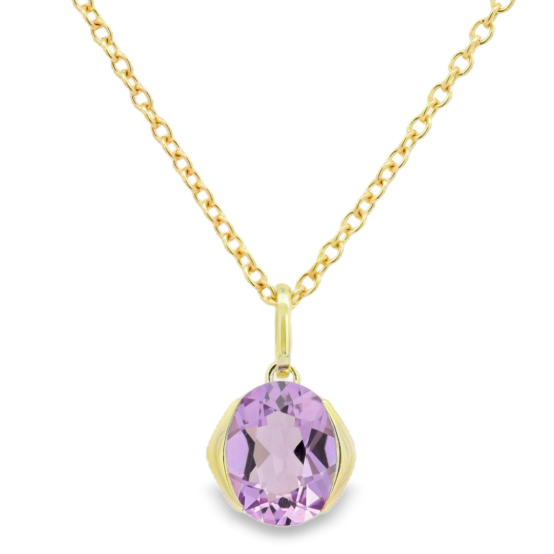 14K Yellow Gold 7x9mm Oval Checkerboard Amethyst Solitaire Pendant