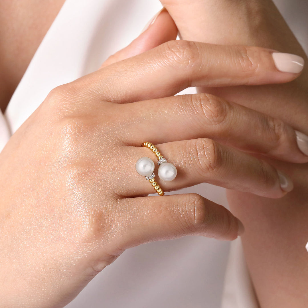 14K Yellow And White Gold Pearl And 0.05 CTW Diamond Bypass Ring