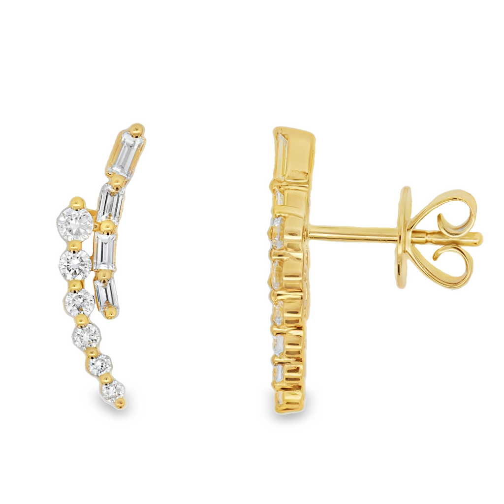 18K Yellow Gold 0.58 CTW Baguette Cut And Round Brilliant Cut Diamond Climber Earrings