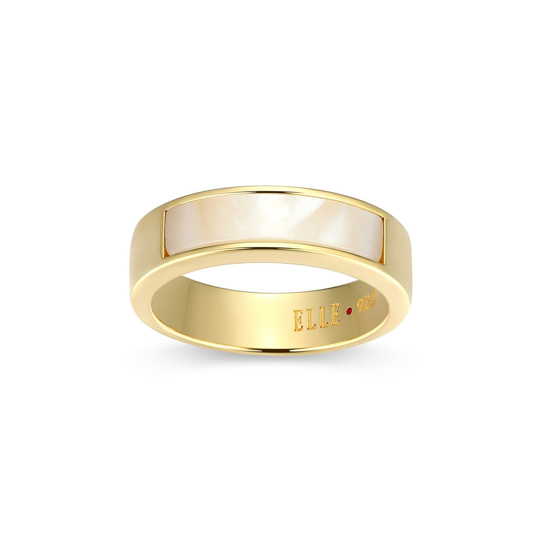 ELLE Sterling Silver Yellow Gold Plated Ring With White Mother Of Pearl Inlay, Size 7