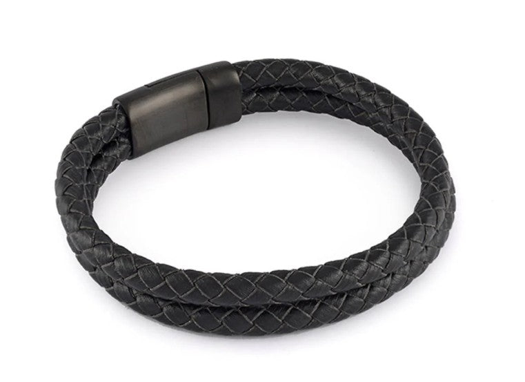 Stainless Steel And Black Double Strand Leather 8.5" Bracelet