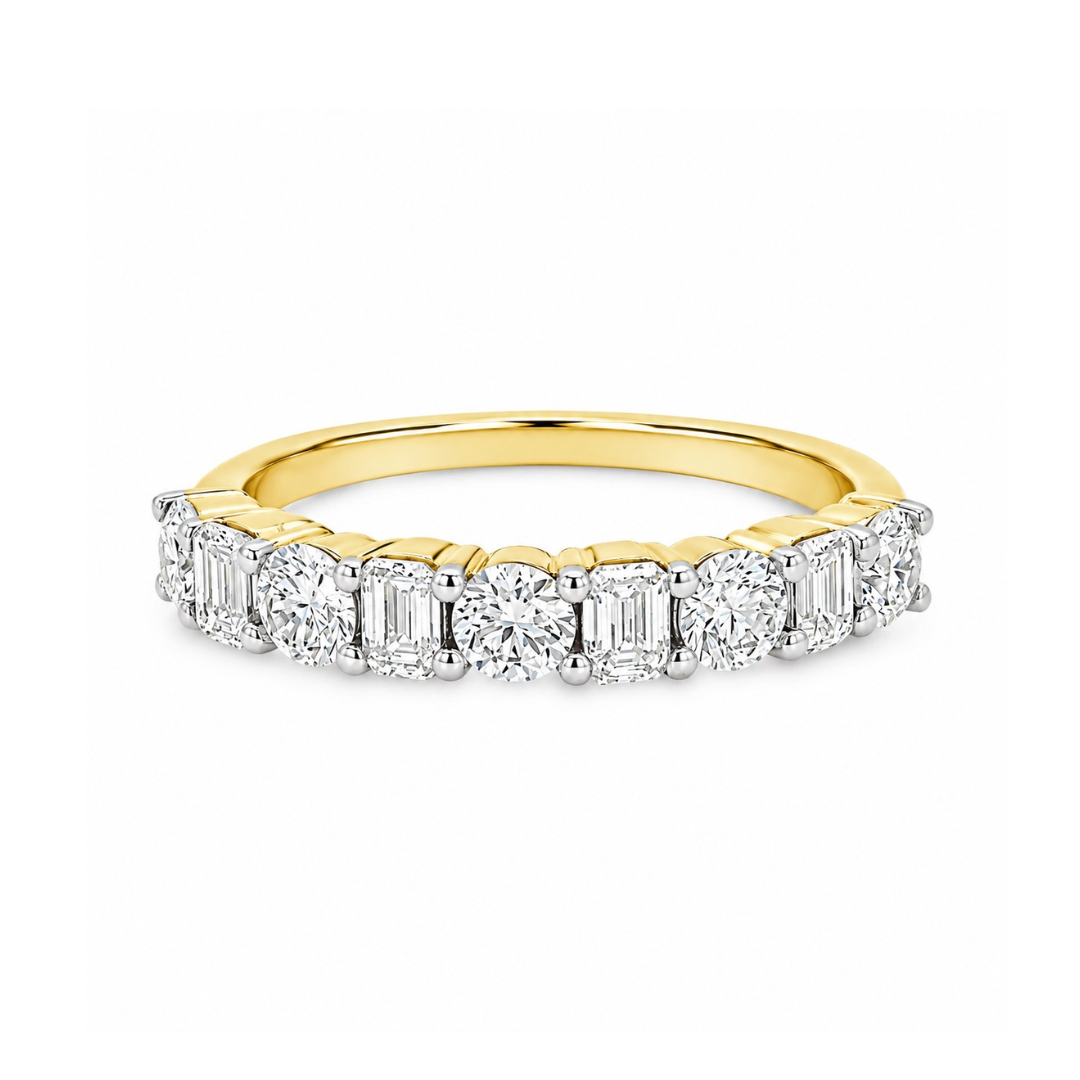 14K Yellow And White Gold Alternating RBC & Emerald Cut LAB Diamond Anniversary Ring