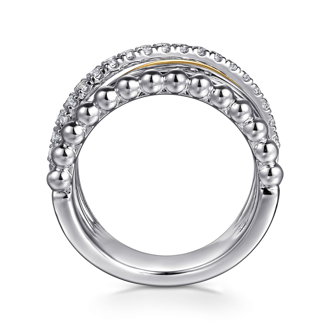 Gabriel & Co. Sterling Silver And 14K Yellow Gold Beaded Edges Multirow Ring With White Sapphires
