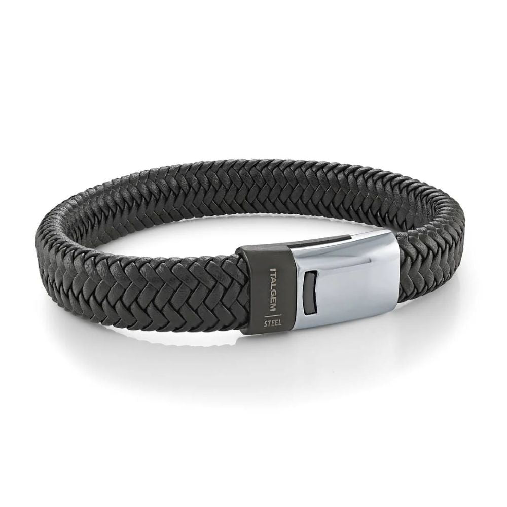 Italgem Stainless Steel And Black Wide Braided Leather 8.2" Bracelet