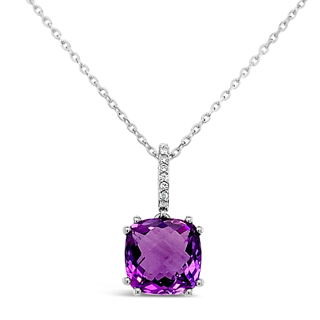 14K White Gold 9x9mm Cushion Checkerboard Amethyst And 0.04 TDW Diamond Drop Pendant