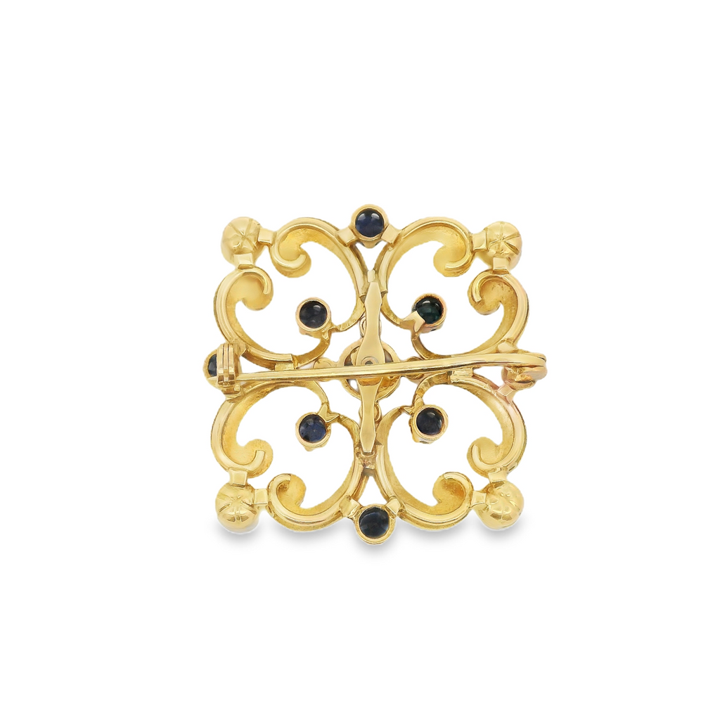 Estate - 14K Yellow Gold Brooch With Sapphires, Diamonds And Pearls