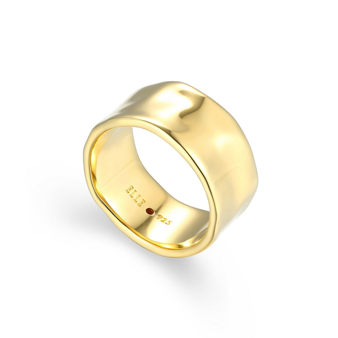 ELLE Sterling Silver Yellow Gold Plated Hammered Finish Wide Ring