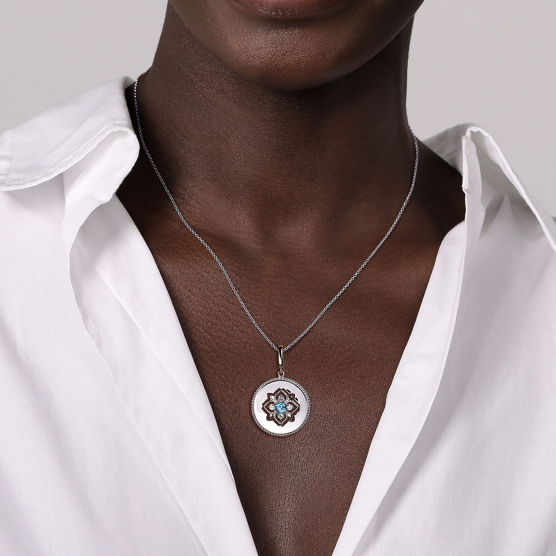 Gabriel & Co. Sterling Silver 24mm Disc Pendant With Blue Topaz And White Sapphires