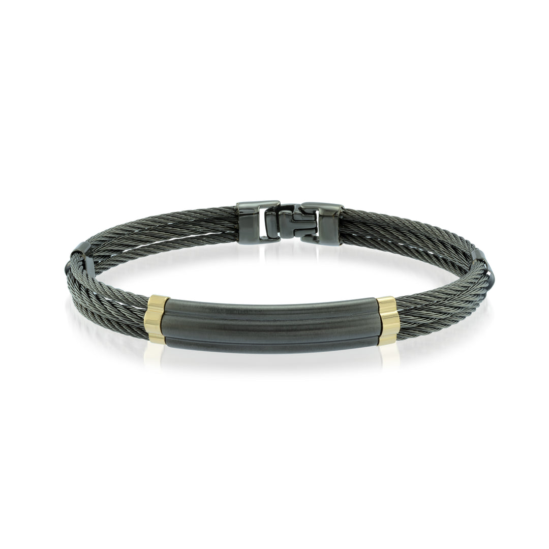 Italgem BlackStainless Steel 3-Row Cable Bracelet With 18 Karat Yellow Gold Accents