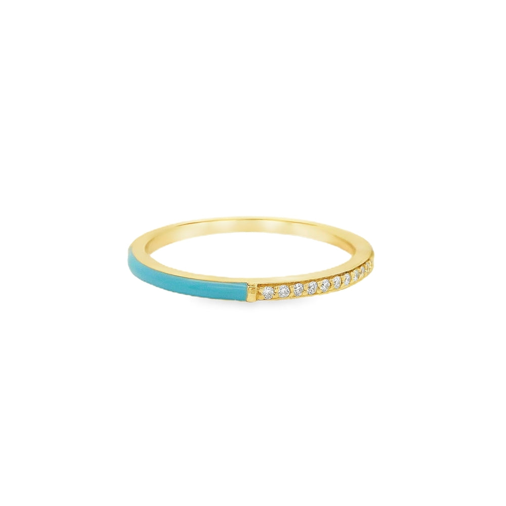 14K Yellow Gold 0.06 CTW Diamond Woman's Stackable Ring With Turquoise Enamel