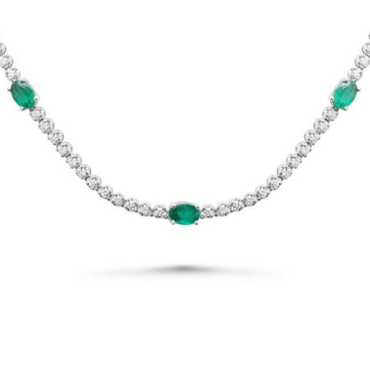 14K White Gold 3.20 CTW Oval Emerald And 2.00 CTW Diamond 17" Necklace