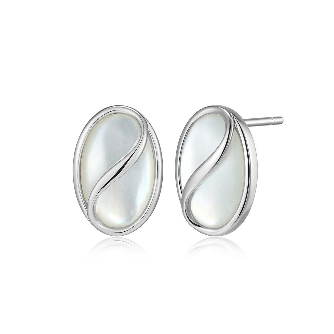 Rhodium Plated Sterling Silver ELLE Stud Earrings With Oval Mother Of Pearl