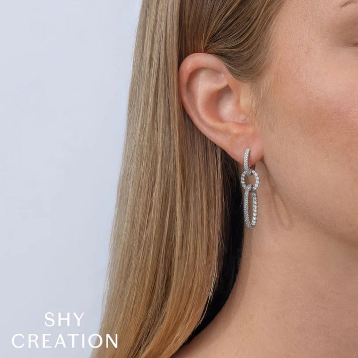 14K White Gold Oval And Circle Drop Earrings With 1.00 CTW Of Diamonds