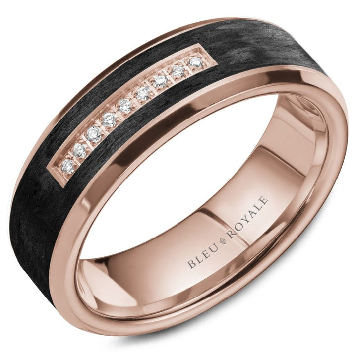 14K Rose Gold And Black Carbon Polished Diamond Set Men's Wedding Band